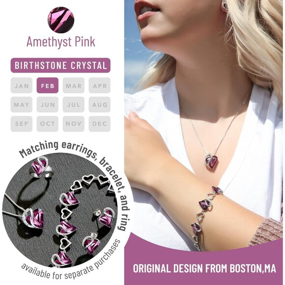 Infinity Love Birthstone Heart Pendant Amethyst Necklace Women Mom Wife Silver - Picture 4 of 8